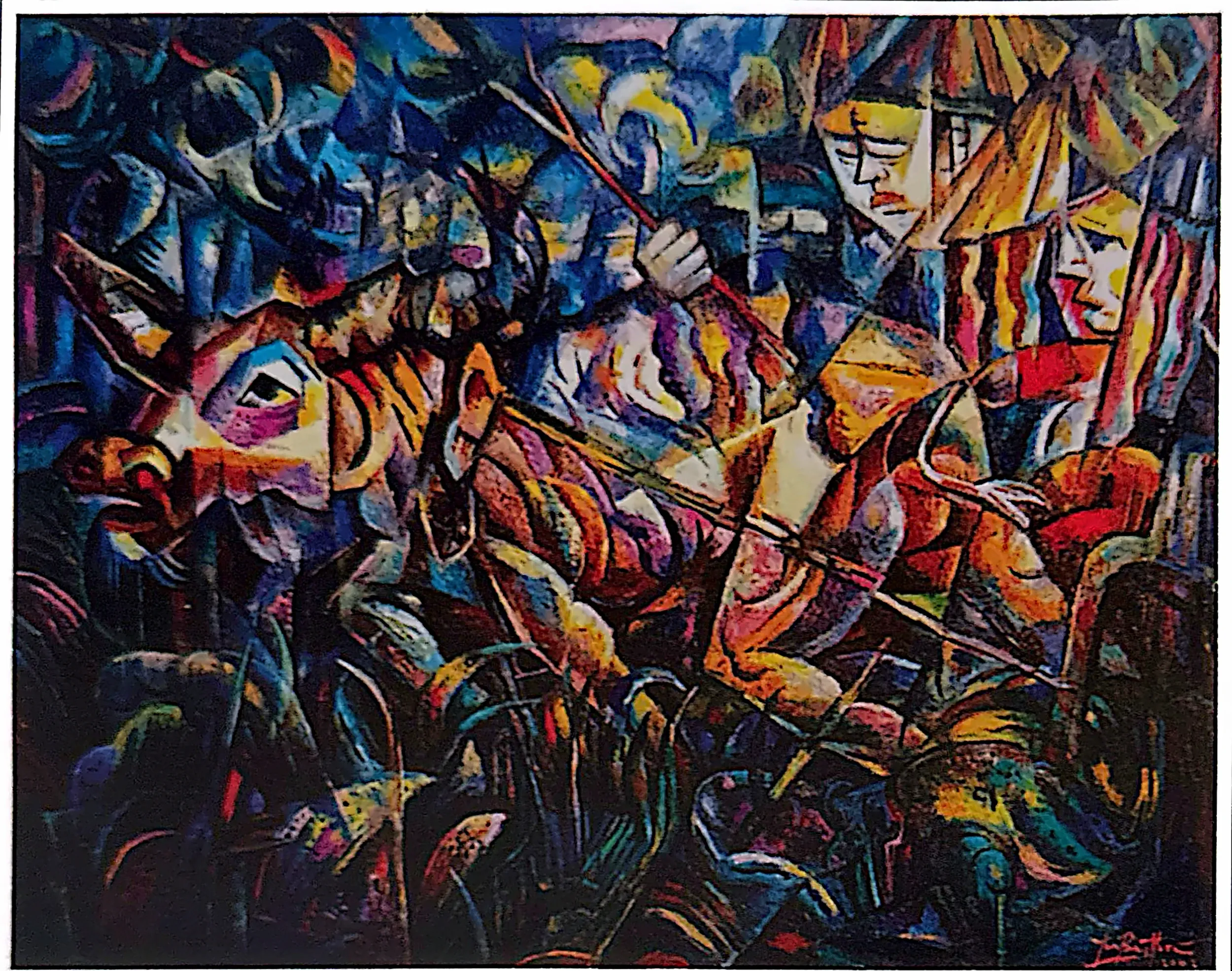 Oil painting titled Ploughing by Tan Peng Hooi, 2002.