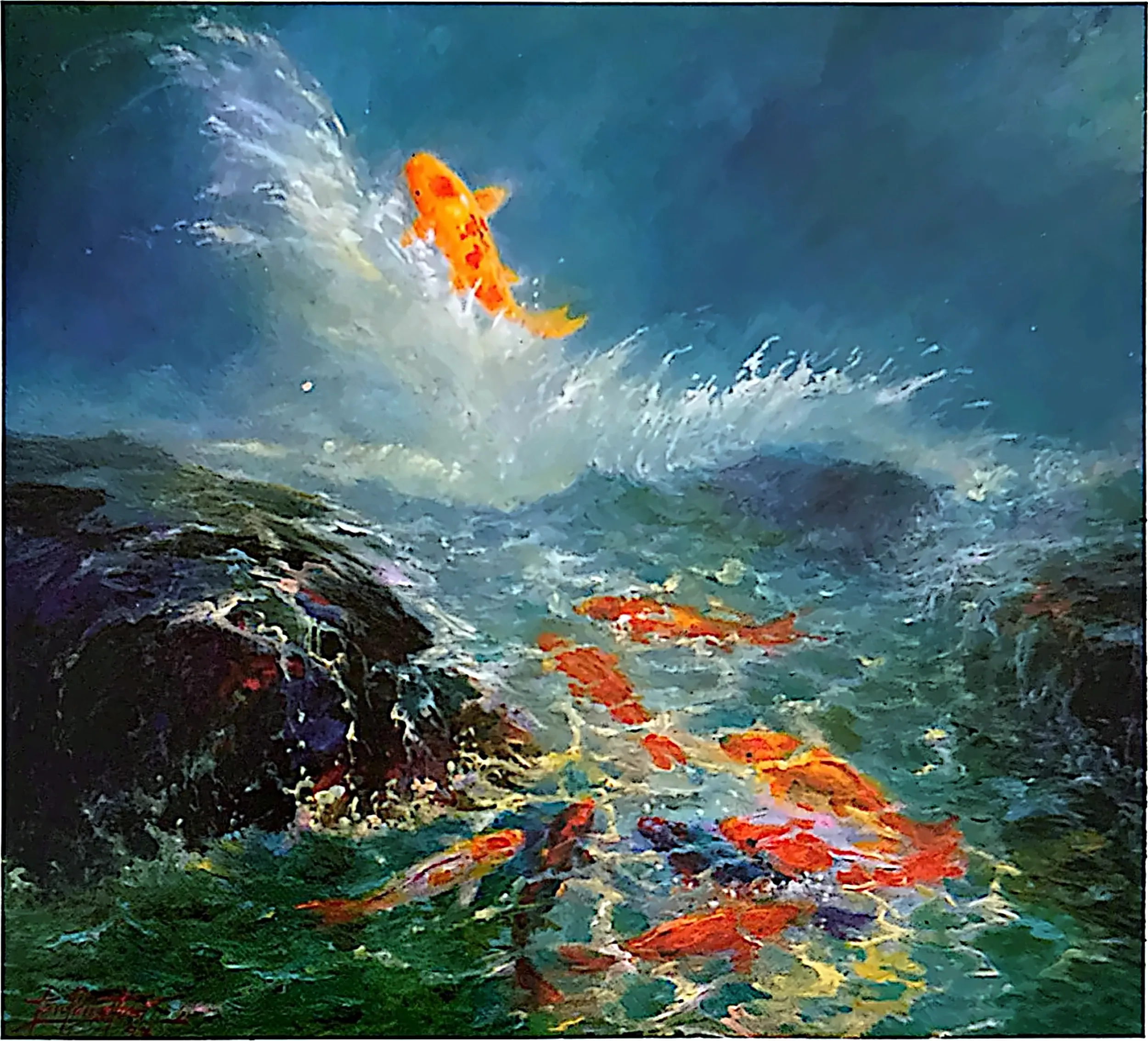 Oil painting titled Prosperity Carps by Tan Peng Hooi, 1998.