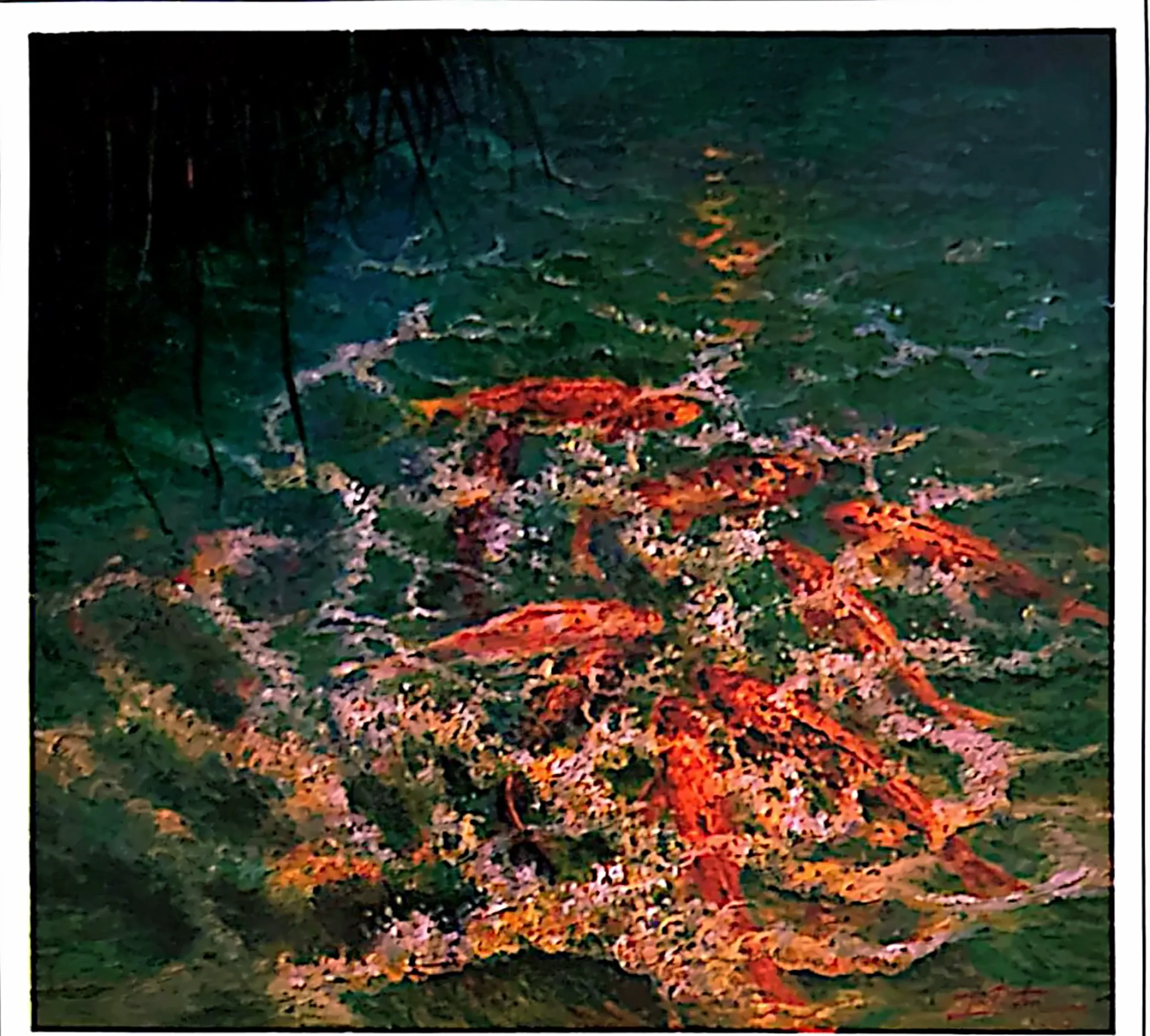 Oil painting titled Prosperity Carps by Tan Peng Hooi, 2004.