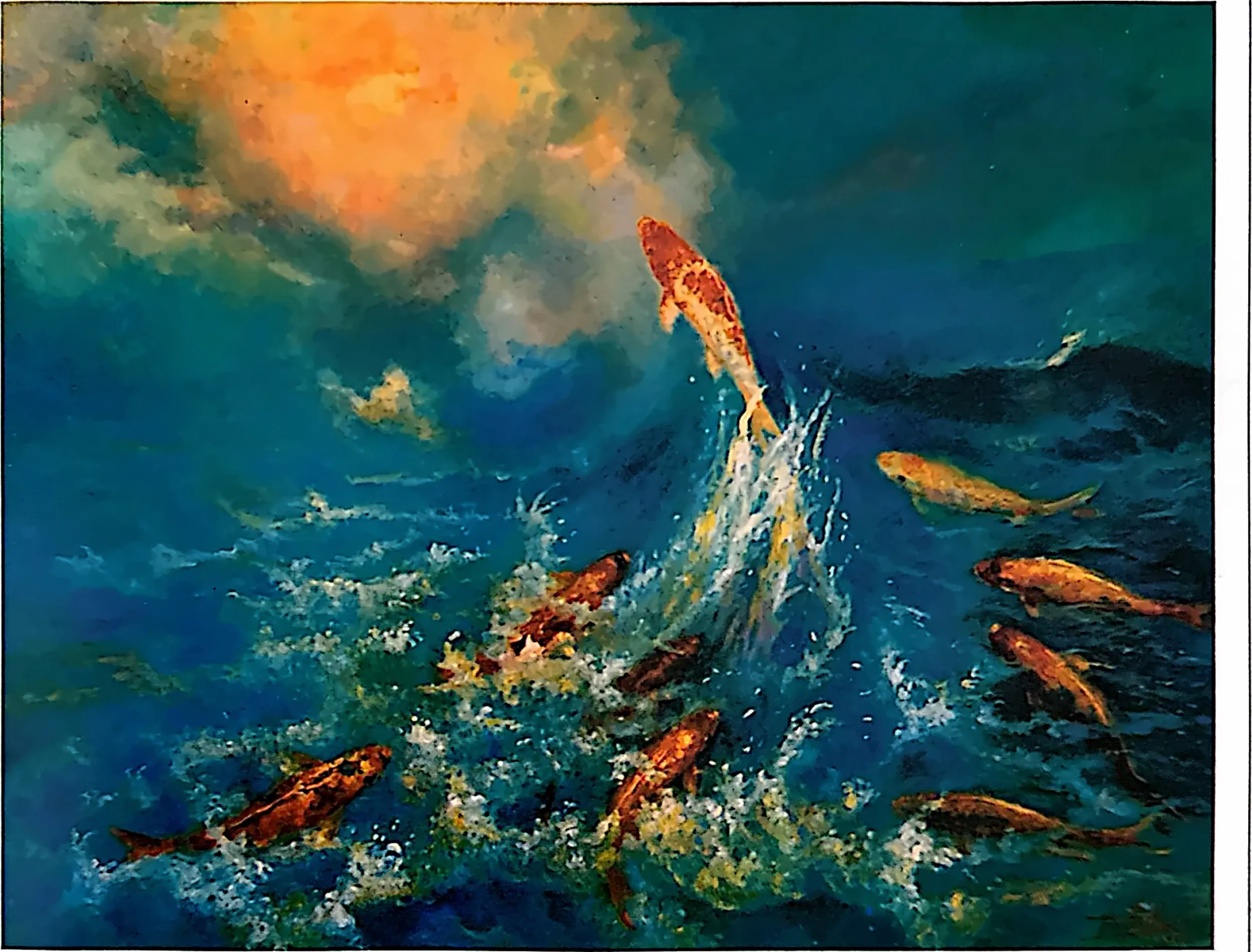 Oil painting titled Prosperity Carps by Tan Peng Hooi, 2003.