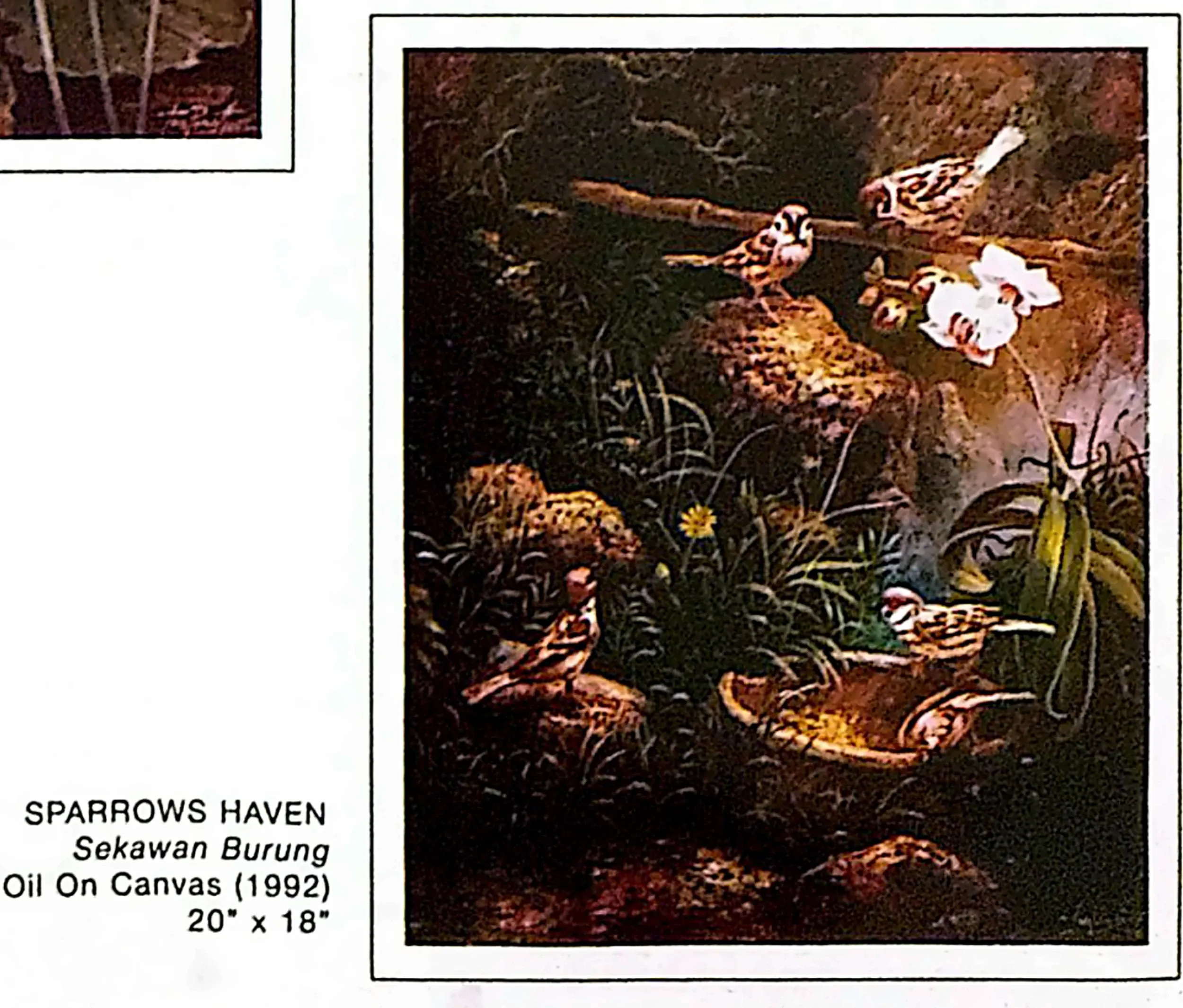 Oil painting titled Sparrows Haven by Tan Peng Hooi, 1992.
