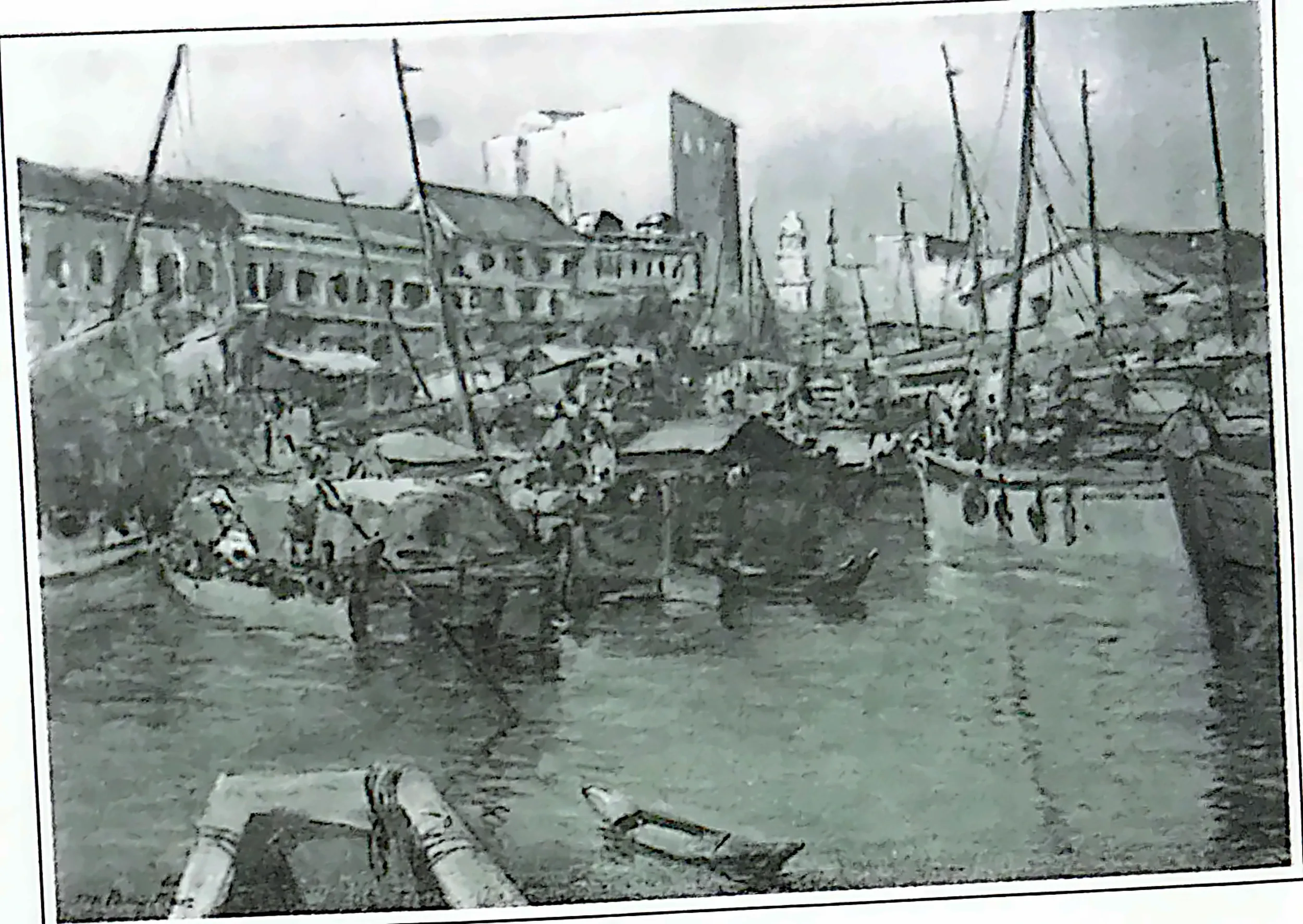 Oil painting titled Waterfront, Penang by Tan Peng Hooi, 1965.