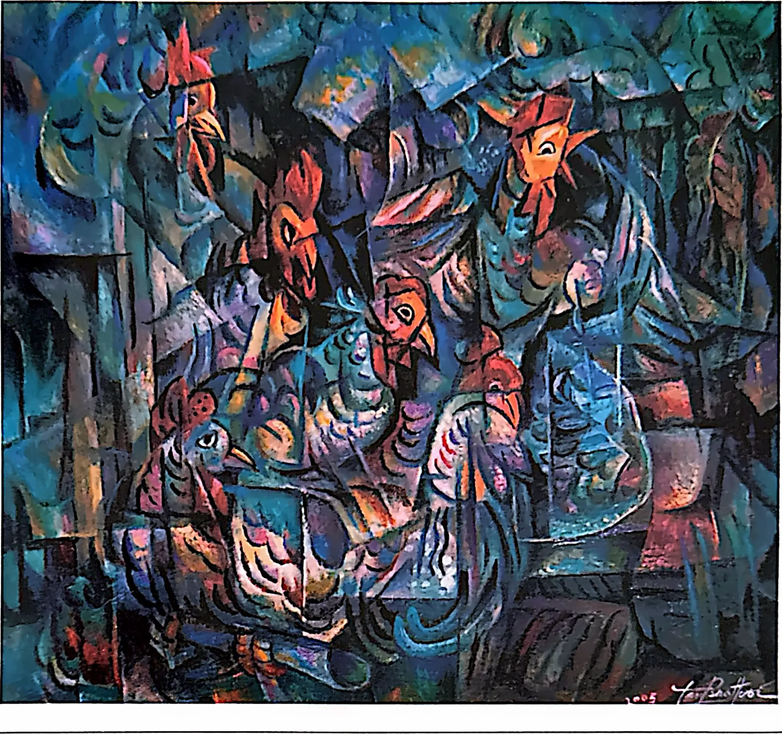 Oil painting titled Year of Roosters by Tan Peng Hooi, 2005.